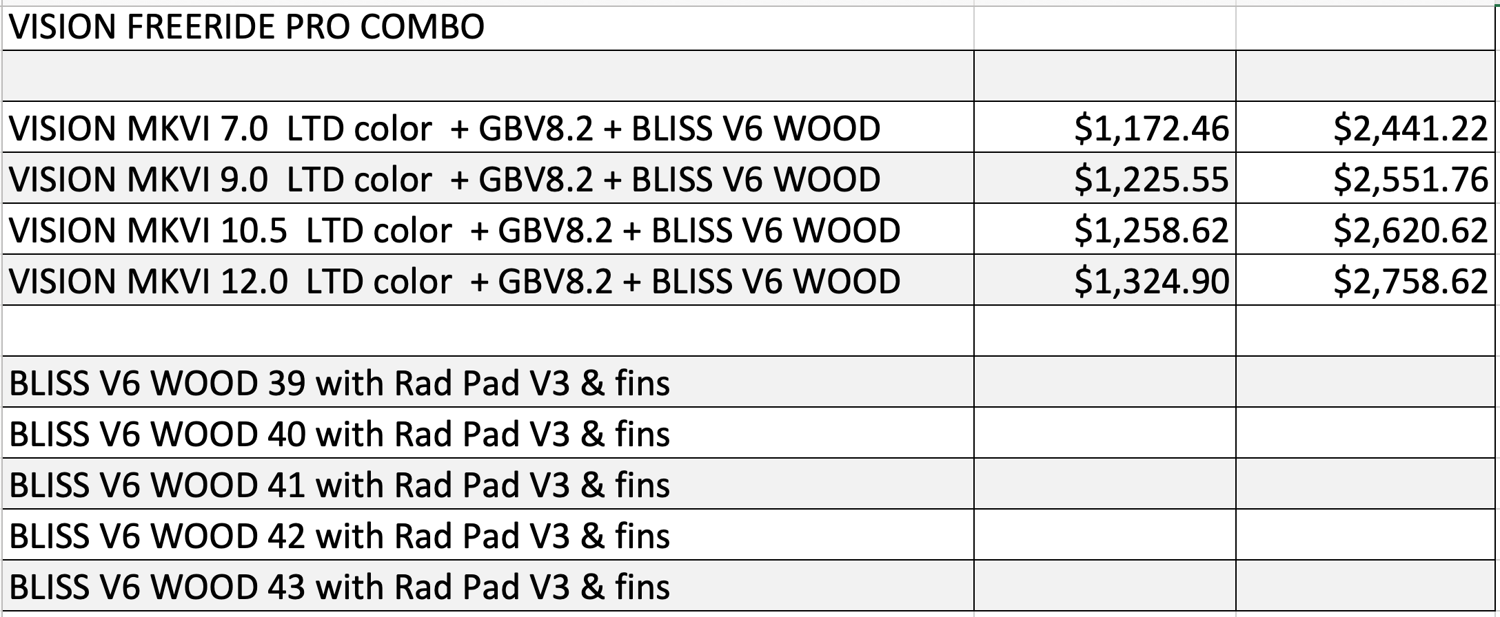 VISION FREERIDE COMBO Price